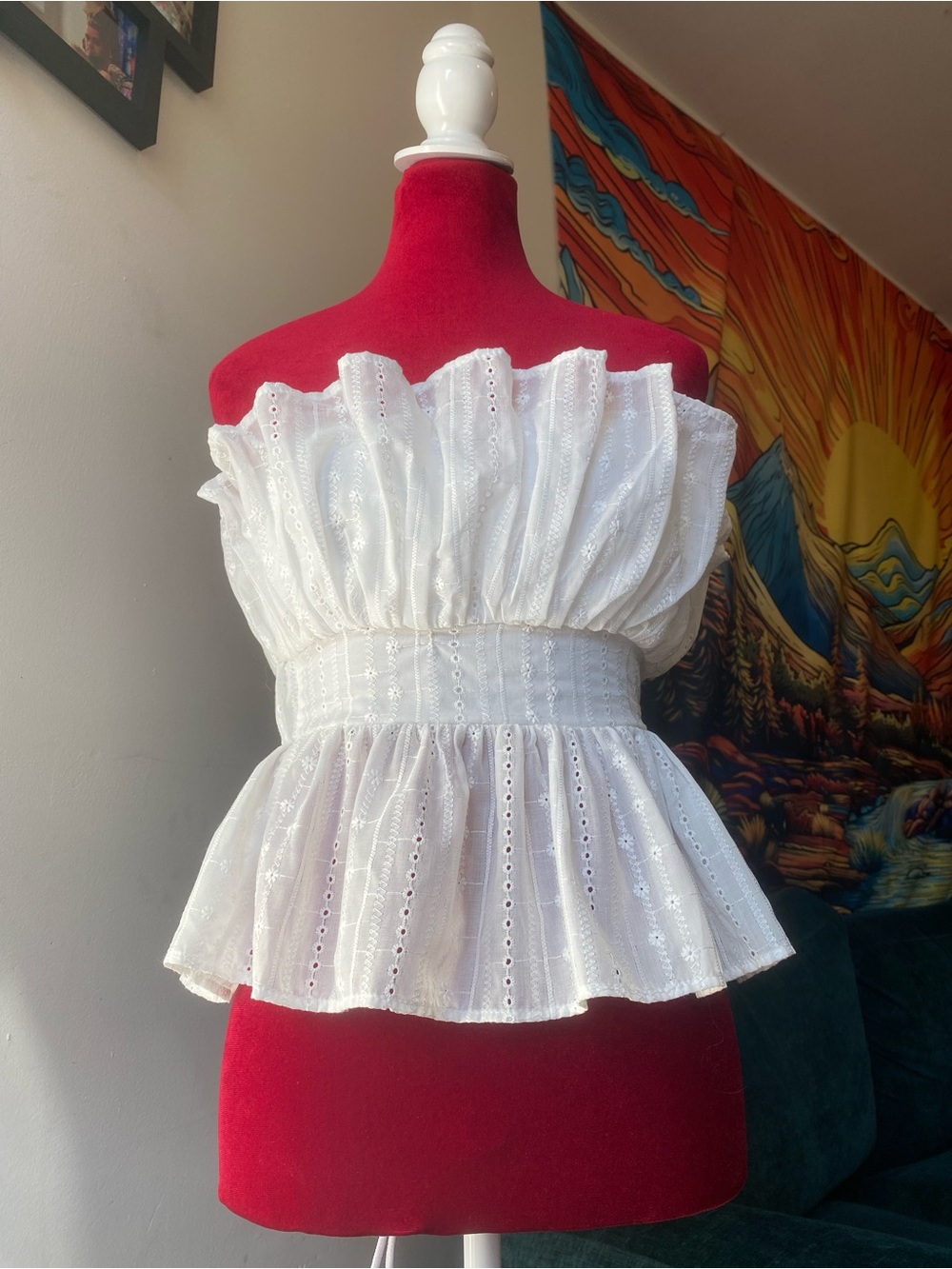 Women's White Eyelet Strapless Peplum Camisole